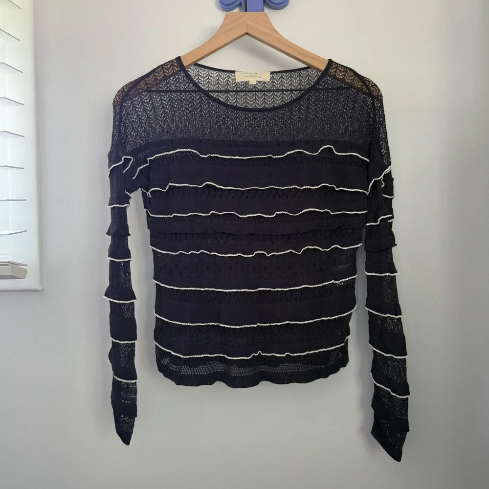 Sezane Small Aloys Sweater Navy White Ruffle Trim Lightweight Sheet relaxed fit